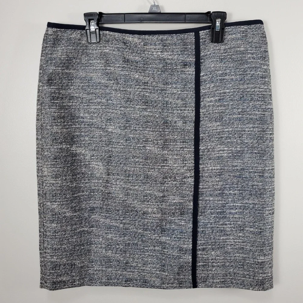 TORY BURCH Faux‎ Wrap Skirt SZ 14 Jacquard Tan Blue Metallic Thread Zip Office